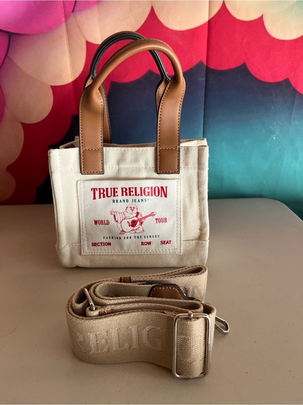 True Religion Cream Canvas Crossbody Tote with Brown Leather Handles